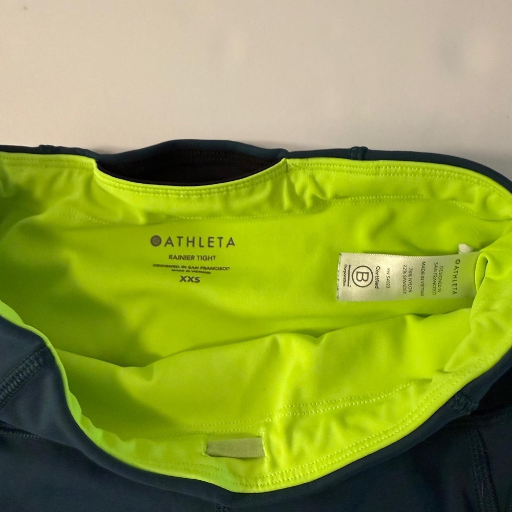 Athleta Rainier Tight Teal Neon Yellow High Rise Leggings‎ Zip Pockets XXS - Picture 4 of 16